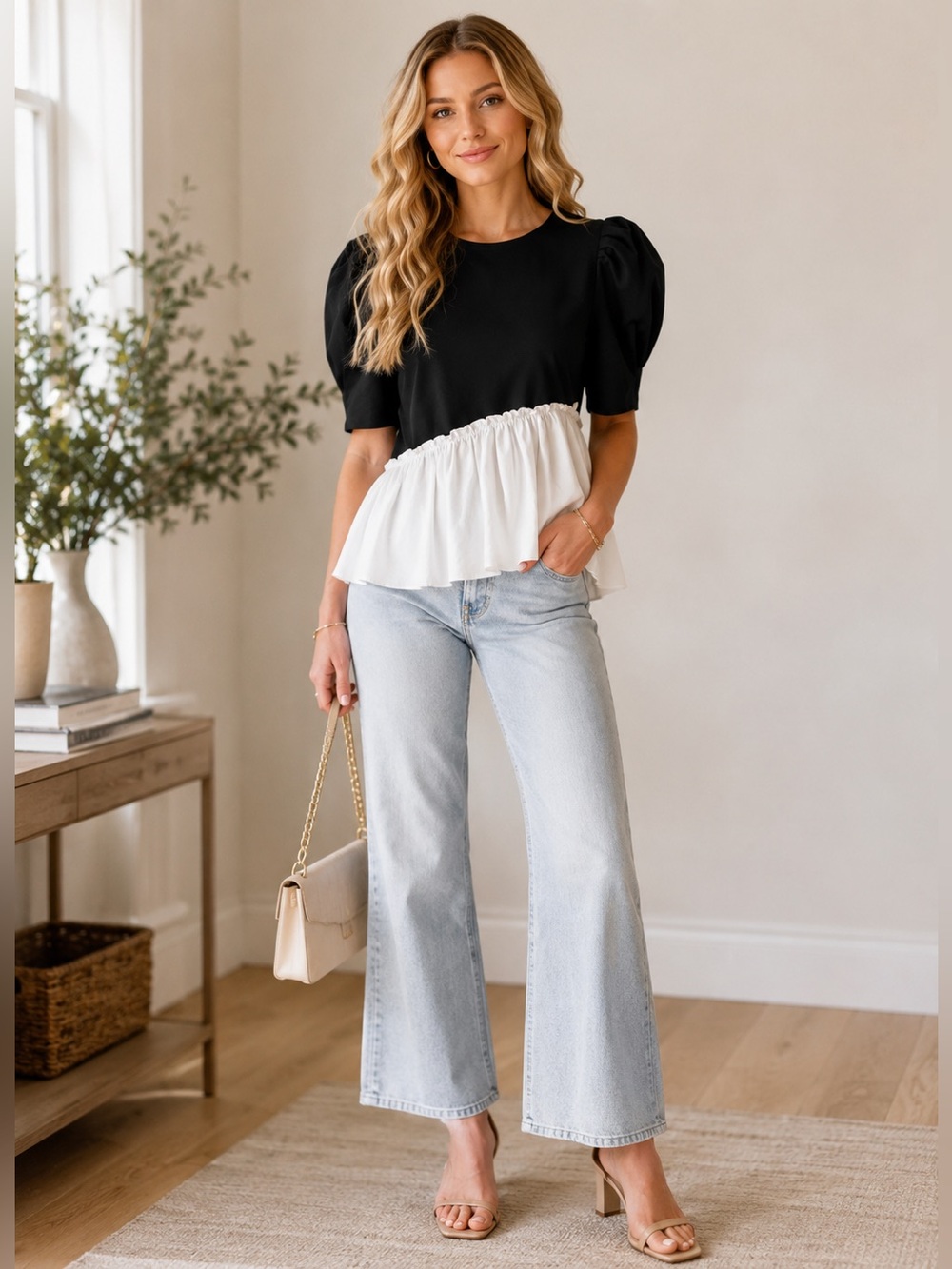 English Factory MIXED MEDIA PEPLUM CONTRAST TOP Size S